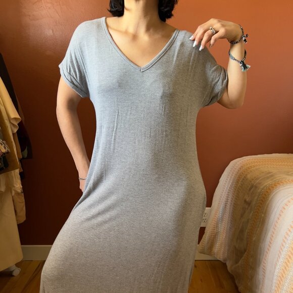 Grey Knit Maxi Dress side slit short sleeve pockets Medium Large no tag - Picture 9 of 11